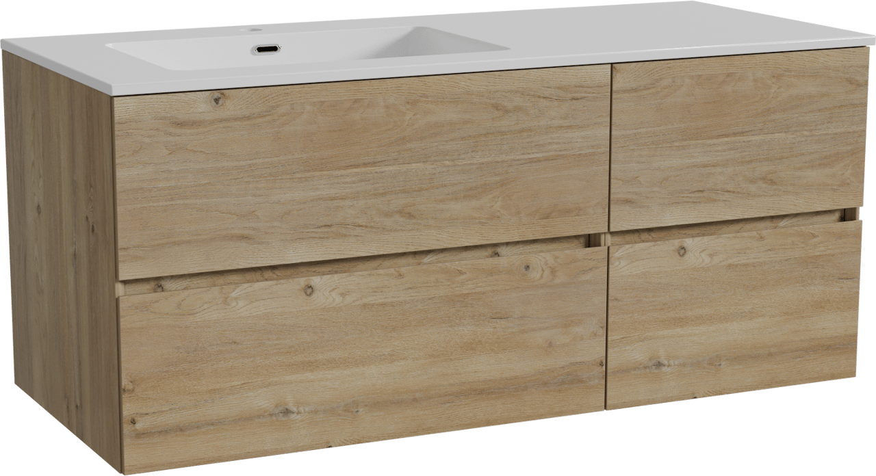 Storke Edge meuble salle de bains suspendu 120 x 52 cm chêne brut avec Diva plan vasque asymétrique à gauche en marbre composite blanc brillant