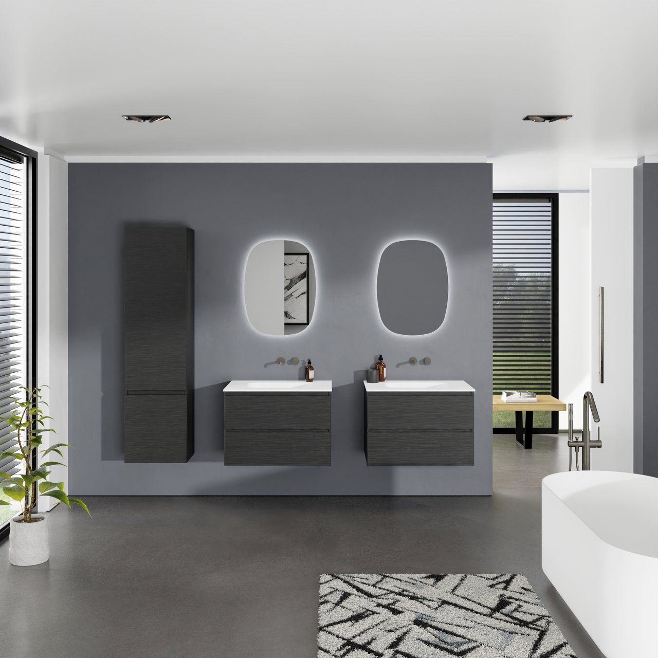 Balmani Lucida meuble salle de bains suspendu 75 x 55 cm chêne noir avec Tablo Arcato plan simple en solid surface blanc mat