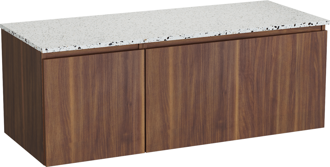 Balmani Sfera by Lucida meuble salle de bains suspendu 135 x 55 cm noyer américain avec Stretto tablette simple ou double en blanc/noir mat terrazzo