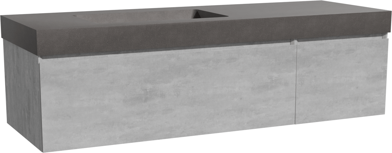Storke Edge zwevend badmeubel 150 x 52 cm beton donkergrijs met Scuro High asymmetrisch linkse wastafel in kwarts mat zwart