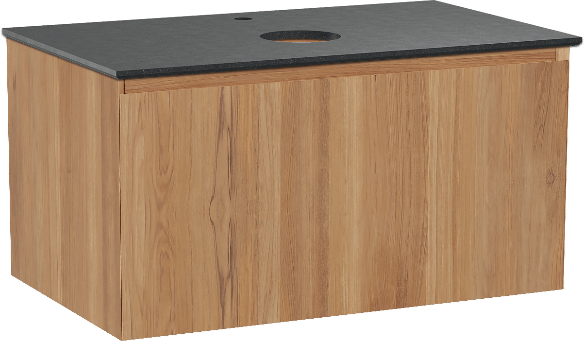 Balmani Idra by Mitra hängendes Möbelstück Set: 90 x 55 cm, Teak, mit Facetta Einzel Waschtischplatte, Schwarzes Granit
