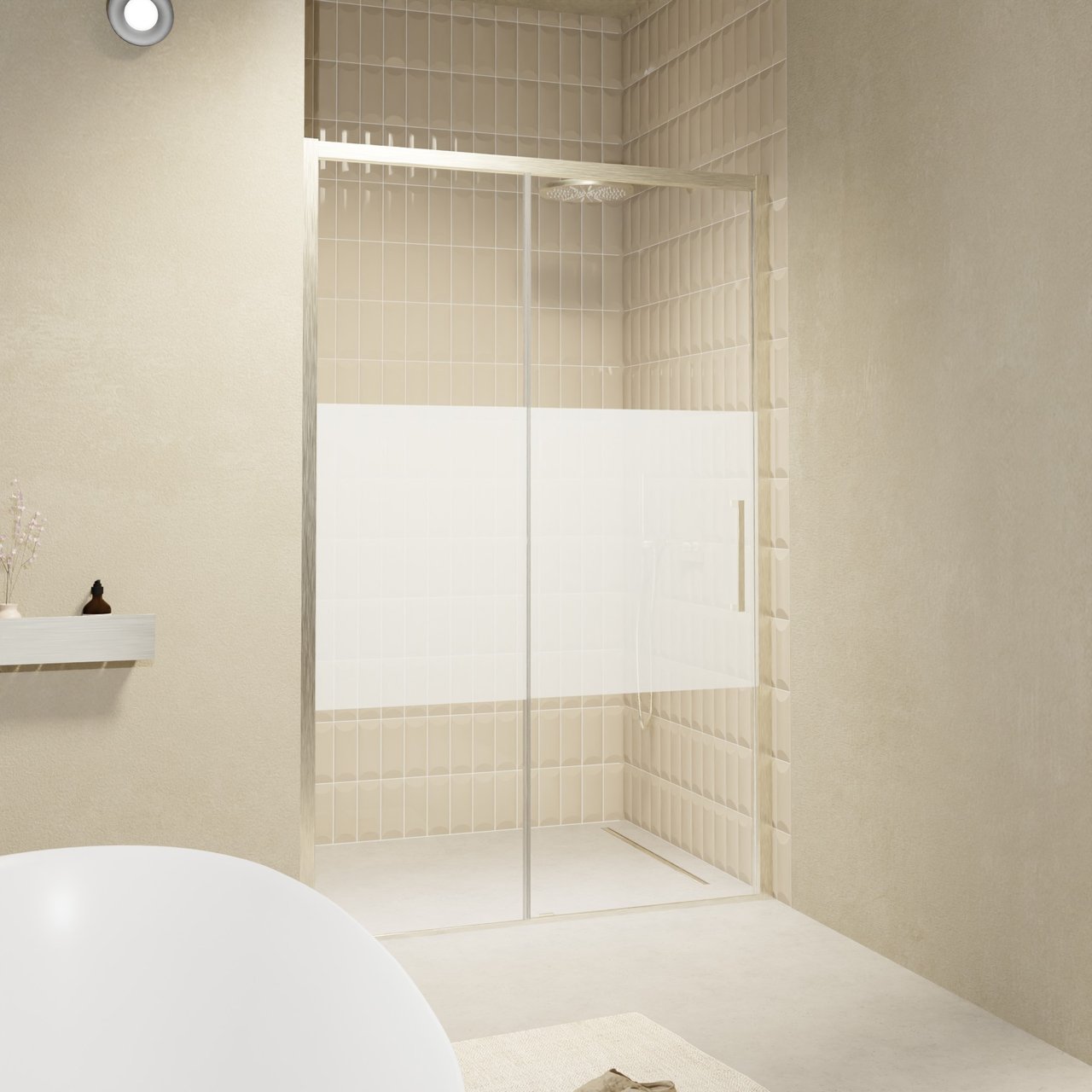 Balmani Senses Design douche schuifdeur links 160 cm x 210 cm Helder glas met matte strook glas, Brushed CoolMetal profielen
