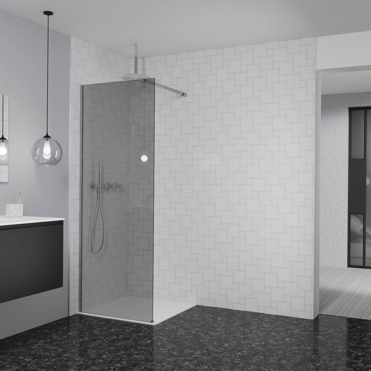 Balmani Modular Walk-In Dusche: 80 x 200 cm, Rauchglas, inklusive Coating, Profil Brushed CoolMetal