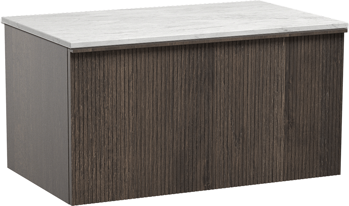 Balmani Forma zwevend badkamermeubel 90 x 55 cm gerookte eik met Stretto enkel tablet in marmer carrara, Verticale symmetrische rechte ribbel