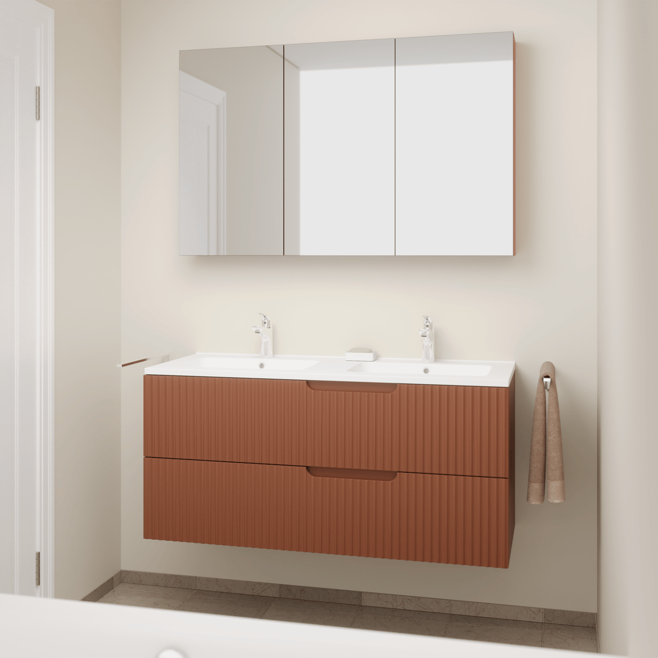 Linie Ribbo hängendes Möbelstück Set: 120 x 46 cm, Cotto, mit Vano Doppelwaschtisch, Marmorkomposit, Weiß matt, Vertikale symmetrische runde Rippe und Montro Spiegelschrank