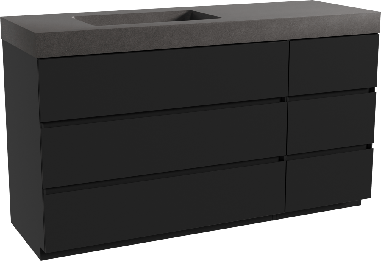 Storke Edge staand badkamermeubel 150 x 52 cm mat zwart met Scuro High asymmetrisch linkse wastafel in kwarts mat zwart