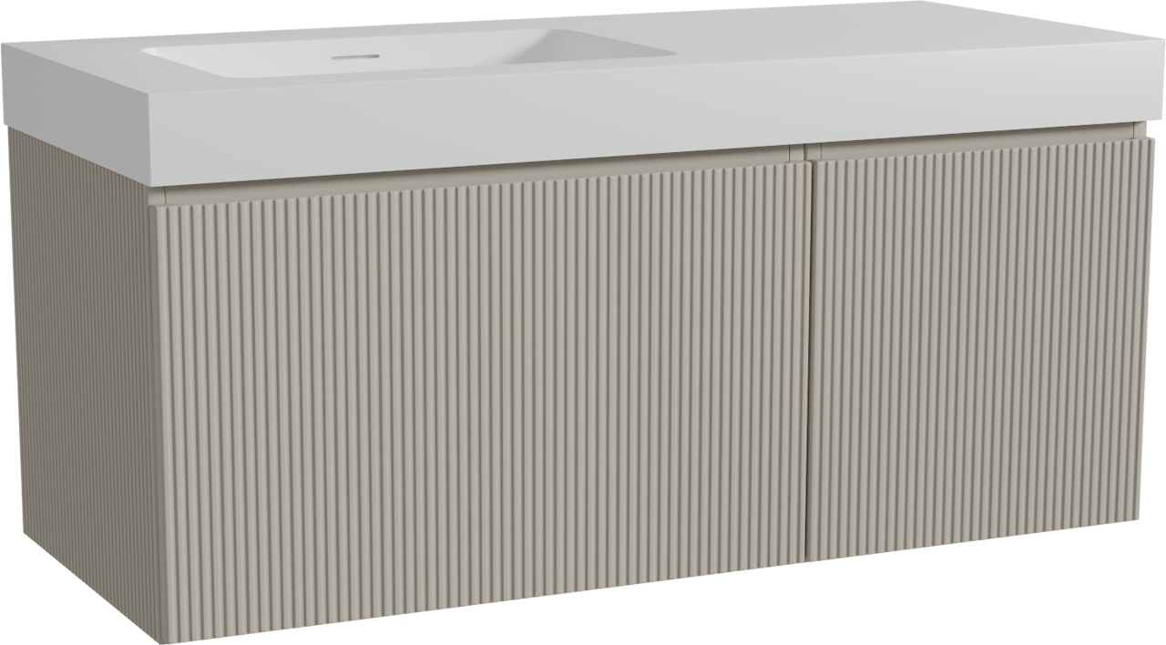 Storke Ribs zwevend badmeubel 120 x 52 cm zijdegrijs met Mata High asymmetrisch linkse wastafel in solid surface mat wit, Verticale symmetrische rechte ribbel