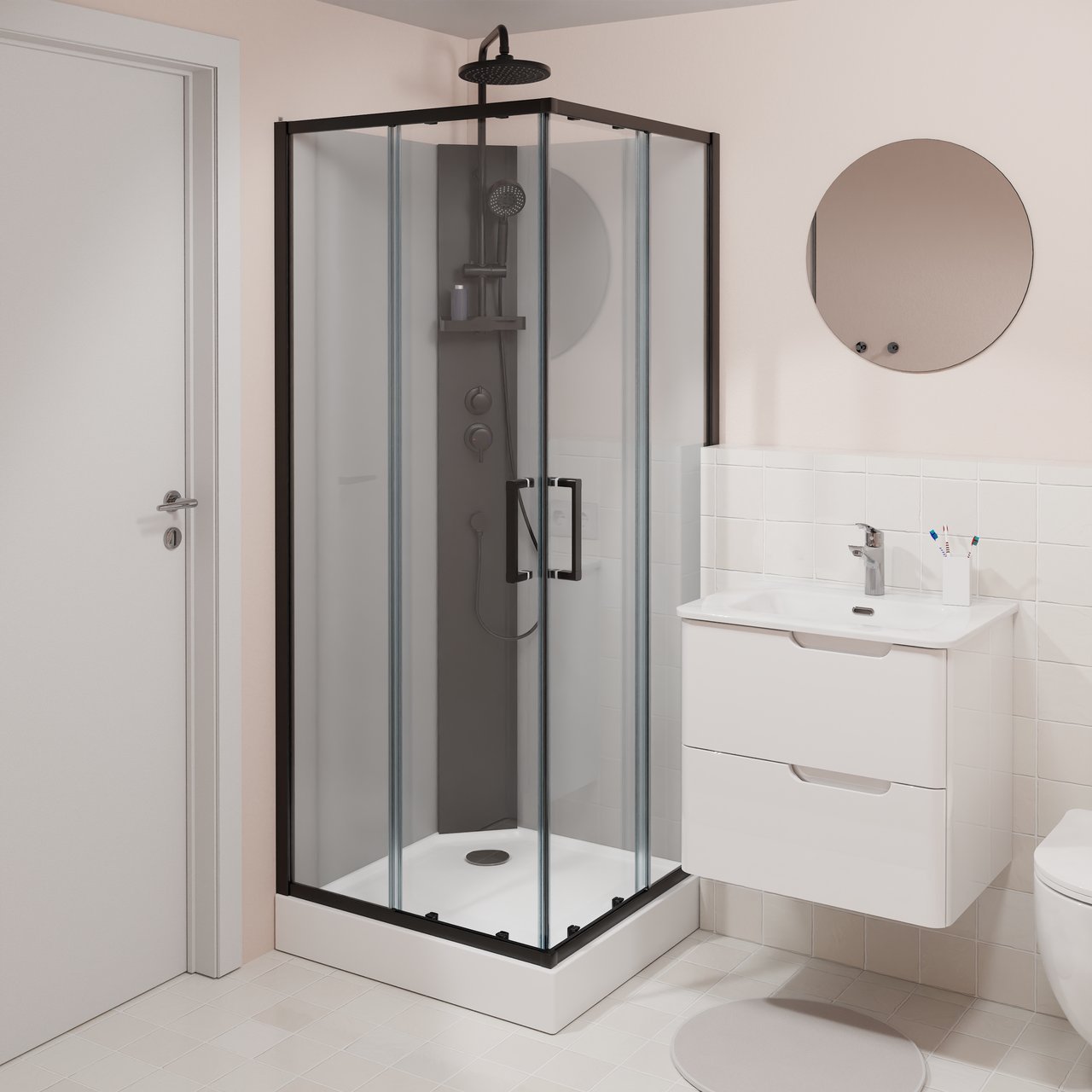 Linie Salta complete douchecabine met schuifdeuren 80 x 80 cm helder glas zwart profiel met kraan