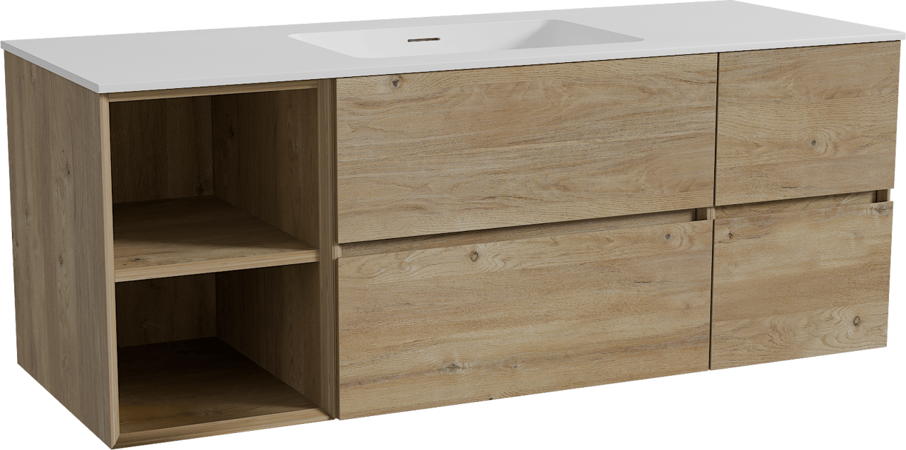 Storke Edge meuble salle de bains suspendu 135 x 52 cm chêne brut avec Mata plan simple en solid surface blanc mat