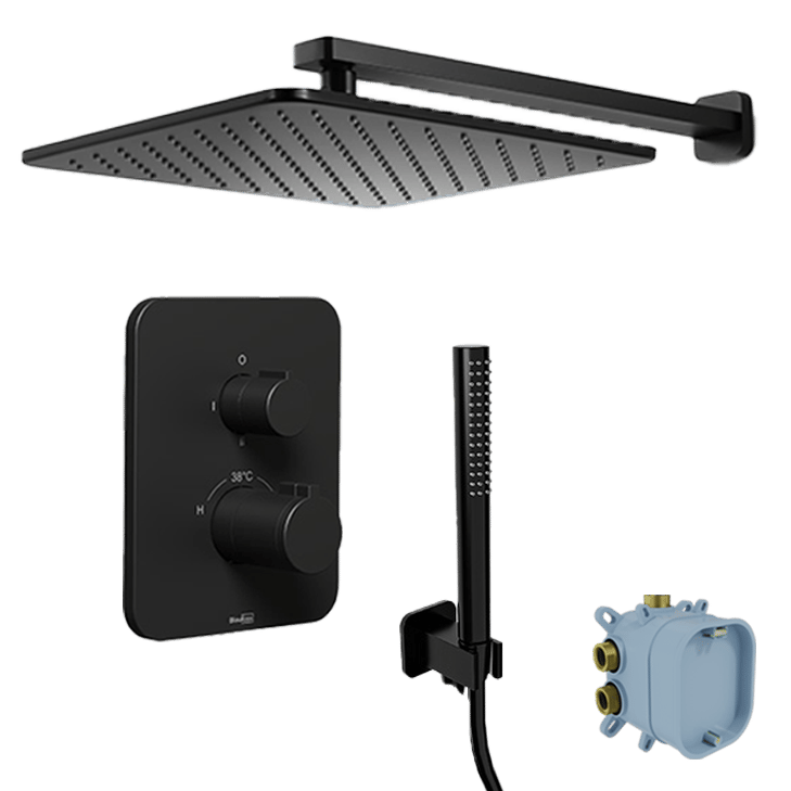 Blaufoss Smartbox Softline thermostatische inbouw regendoucheset met vierkante regendouchekop 30 cm Mat Zwart