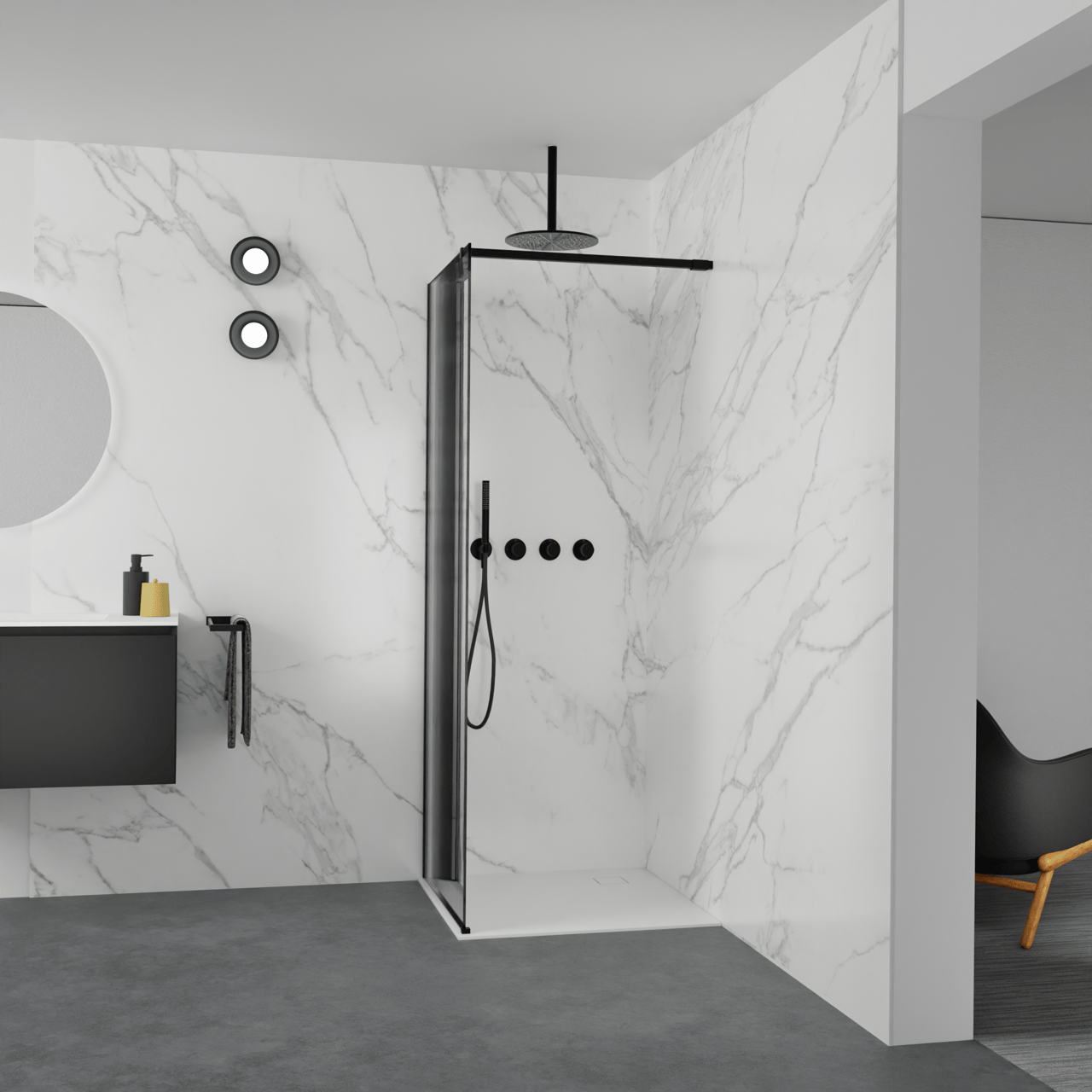 Balmani Modular inloopdouche: 80 x 200 cm, Ribs met coating, Mat zwarte profielen