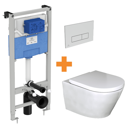 Luca Varess Calibro WC suspendu et abattant medio blanc brillant sans bride avec bâti-support et Ideal Standard Oleas M2 chrome mat plaque de commande gratuit