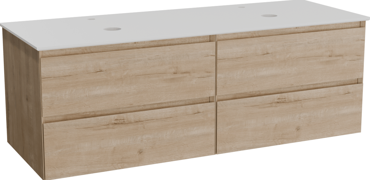 Balmani Mitra zwevend badkamermeubel 150 x 55 cm ruwe eik met Facetta dubbel tablet in solid surface mat wit