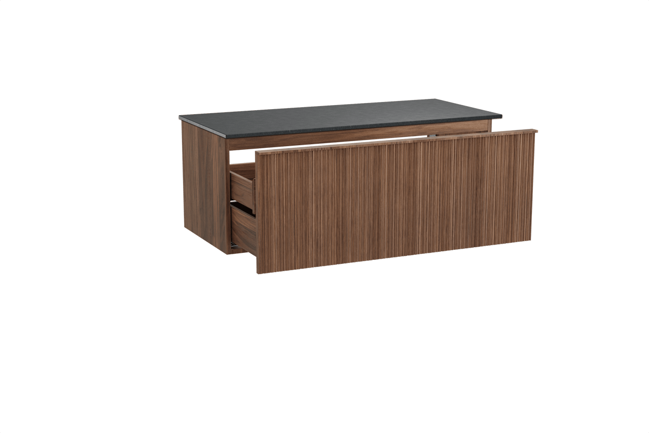 Balmani Forma zwevend badkamermeubel 120 x 55 cm amerikaanse notelaar met Stretto enkel tablet in graniet zwart, Verticale asymmetrische ronde ribbel