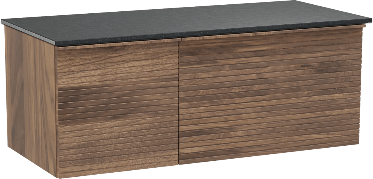 Balmani Forma zwevend badmeubel 120 x 55 cm amerikaans notenhout met Stretto enkel wastafelblad in zwart graniet, Horizontale symmetrische rechte ribbel