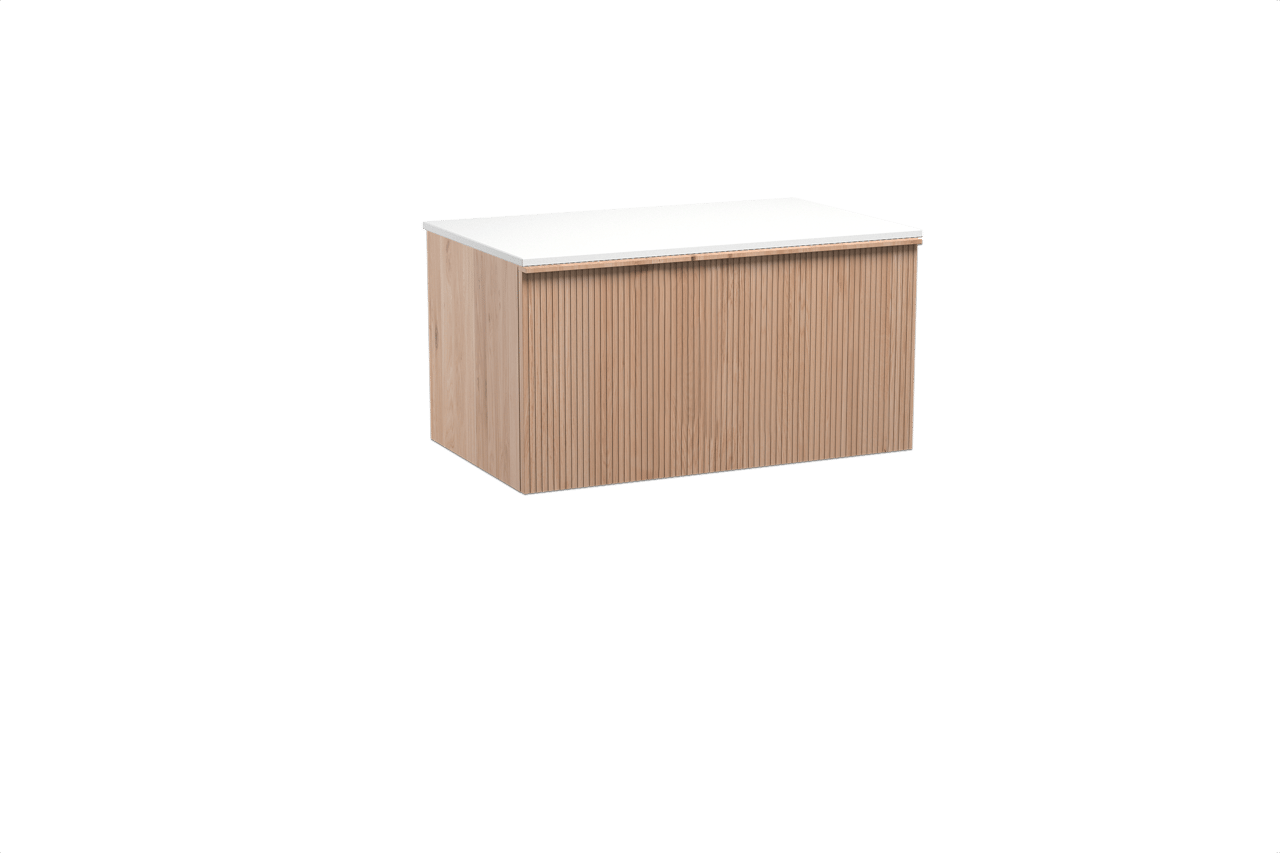 Balmani Forma hängendes Möbelstück Set: 90 x 55 cm, Naturbelassene Eiche, mit Stretto Einzel Waschtischplatte, Solid Surface, Weiß matt, Vertikale symmetrische gerade Rippe