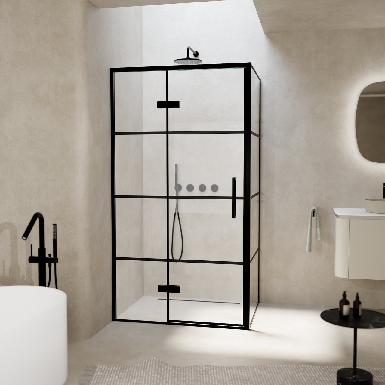 Balmani Senses Design douchehoek met linkse draaideur en vaste zijwand, 100 x 100 cm, Lined, Zwarte profielen, met coating