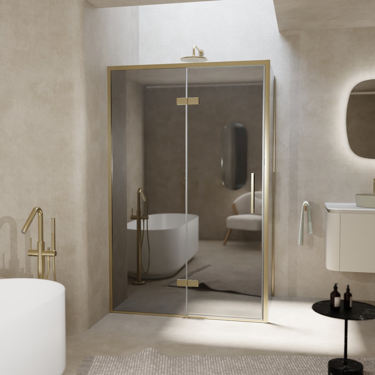 Balmani Senses Design douchehoek met linkse draaideur en vaste zijwand, 120 x 90 cm, Reflex spiegelglas, Brushed Champagne Gold profielen, met coating