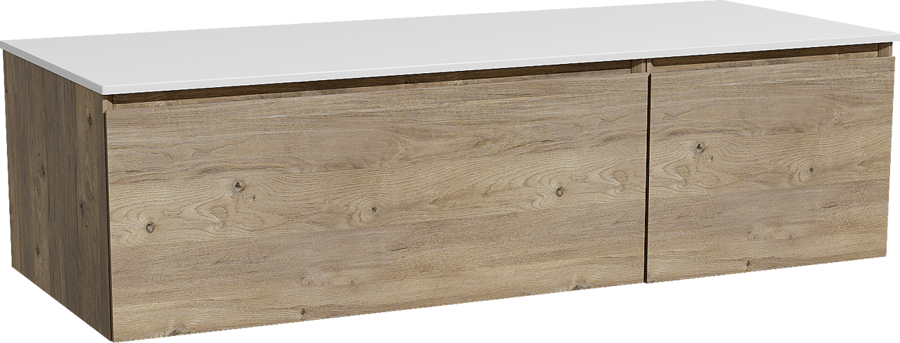 Storke Edge zwevend badmeubel 130 x 52 cm ruw eiken met Tavola enkel of dubbel wastafelblad in solid surface mat wit