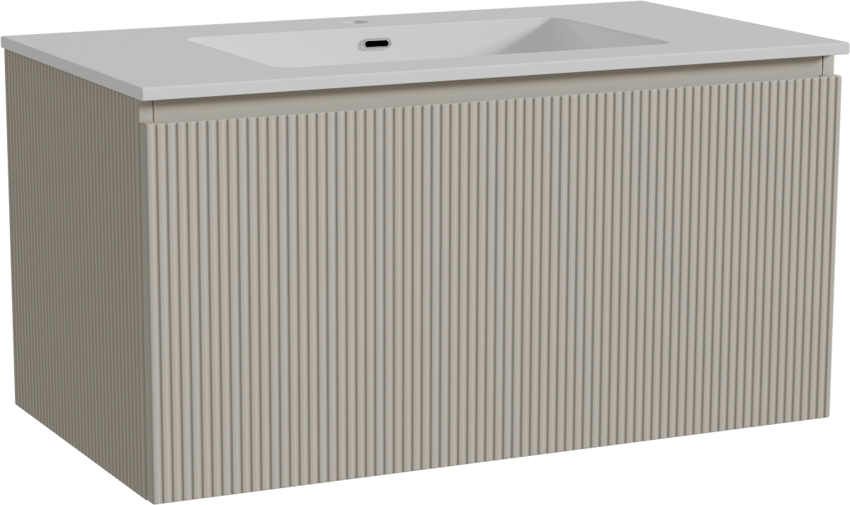 Storke Ribs meuble salle de bains suspendu 95 x 52 cm soie grise avec Diva plan simple en marbre composite blanc brillant, Nervure droite symétrique verticale