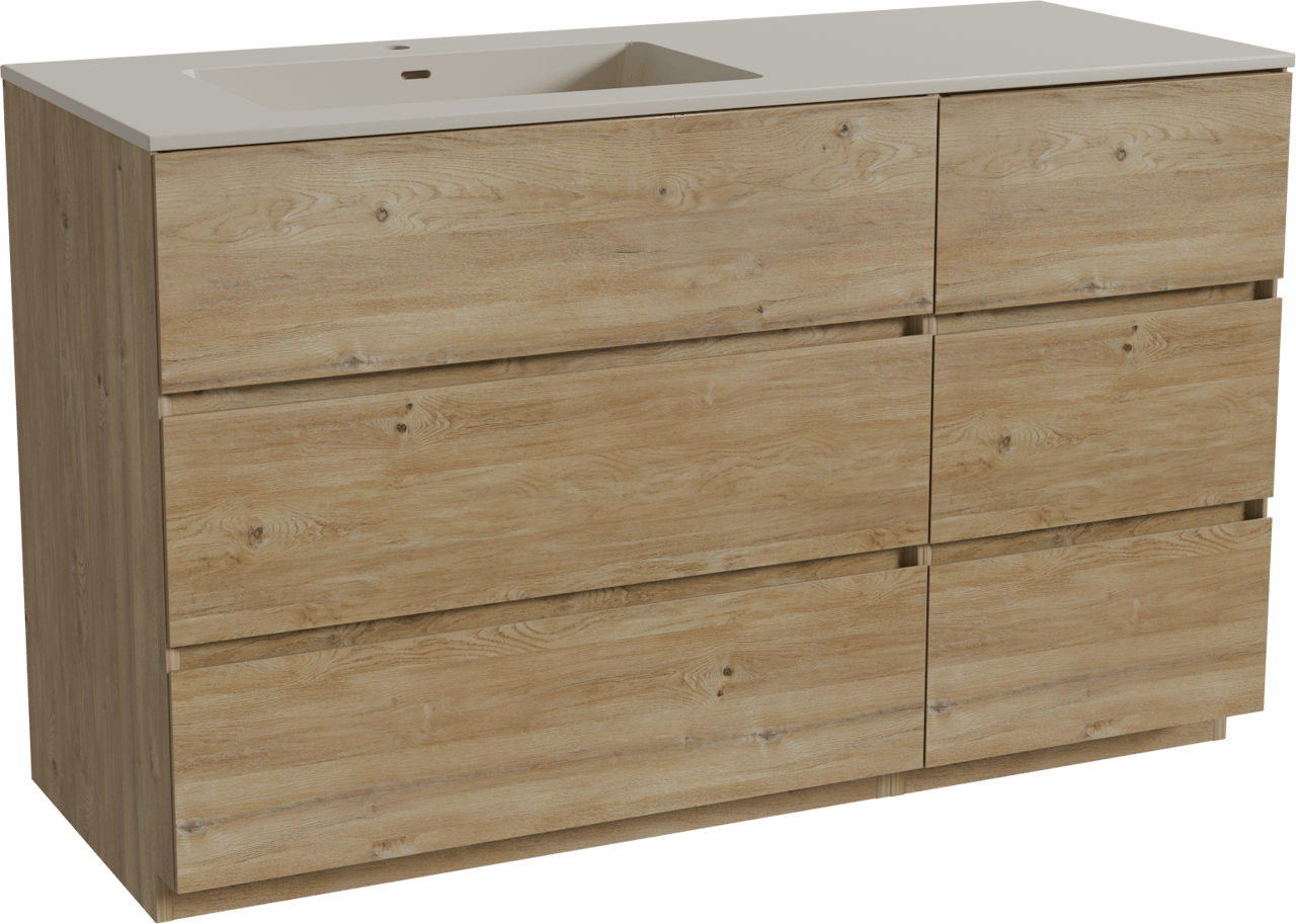 Storke Edge staand badkamermeubel 130 x 52 cm ruwe eik met Diva asymmetrisch linkse wastafel in top solid zijdegrijs
