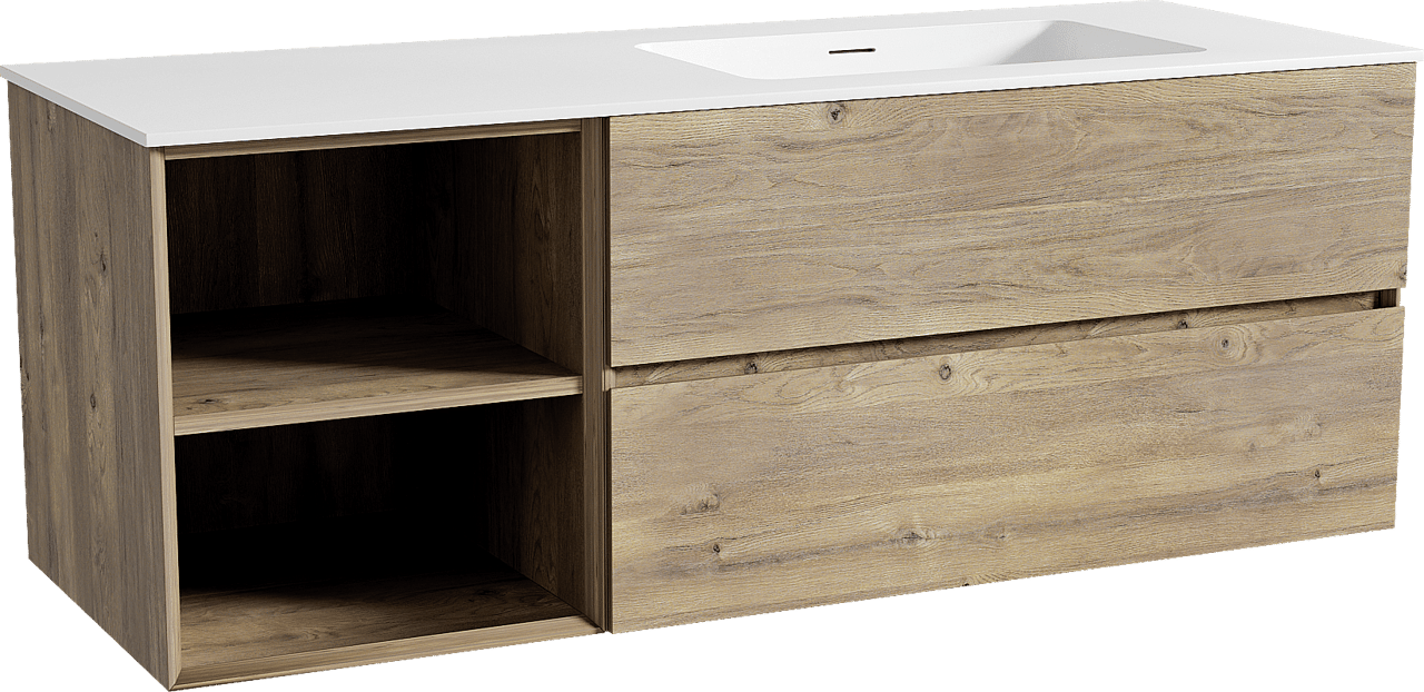 Storke Edge zwevend badkamermeubel 140 x 52 cm ruwe eik met Mata asymmetrisch rechtse wastafel in solid surface mat wit
