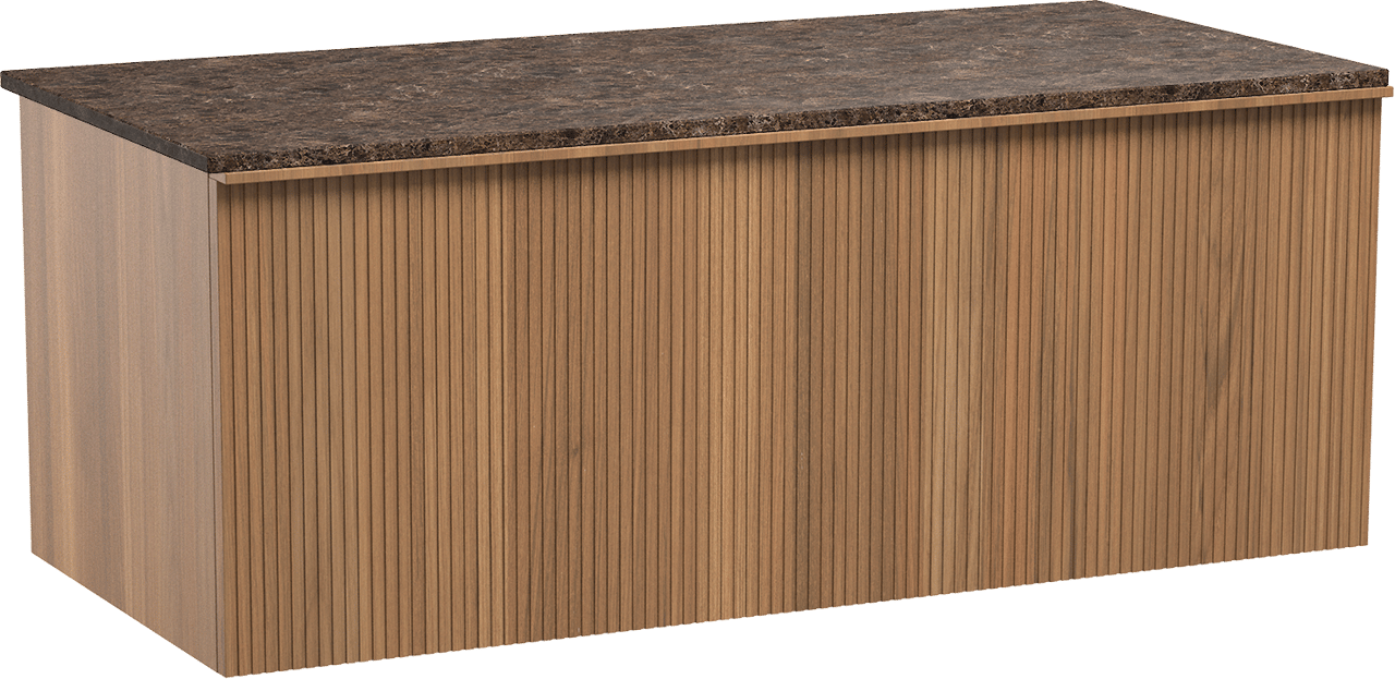 Balmani Forma hängendes Möbelstück Set: 120 x 55 cm, Teak, mit Stretto Einzel- oder Doppel Waschtischplatte, Marmor, Dark Emperador, Vertikale symmetrische gerade Rippe
