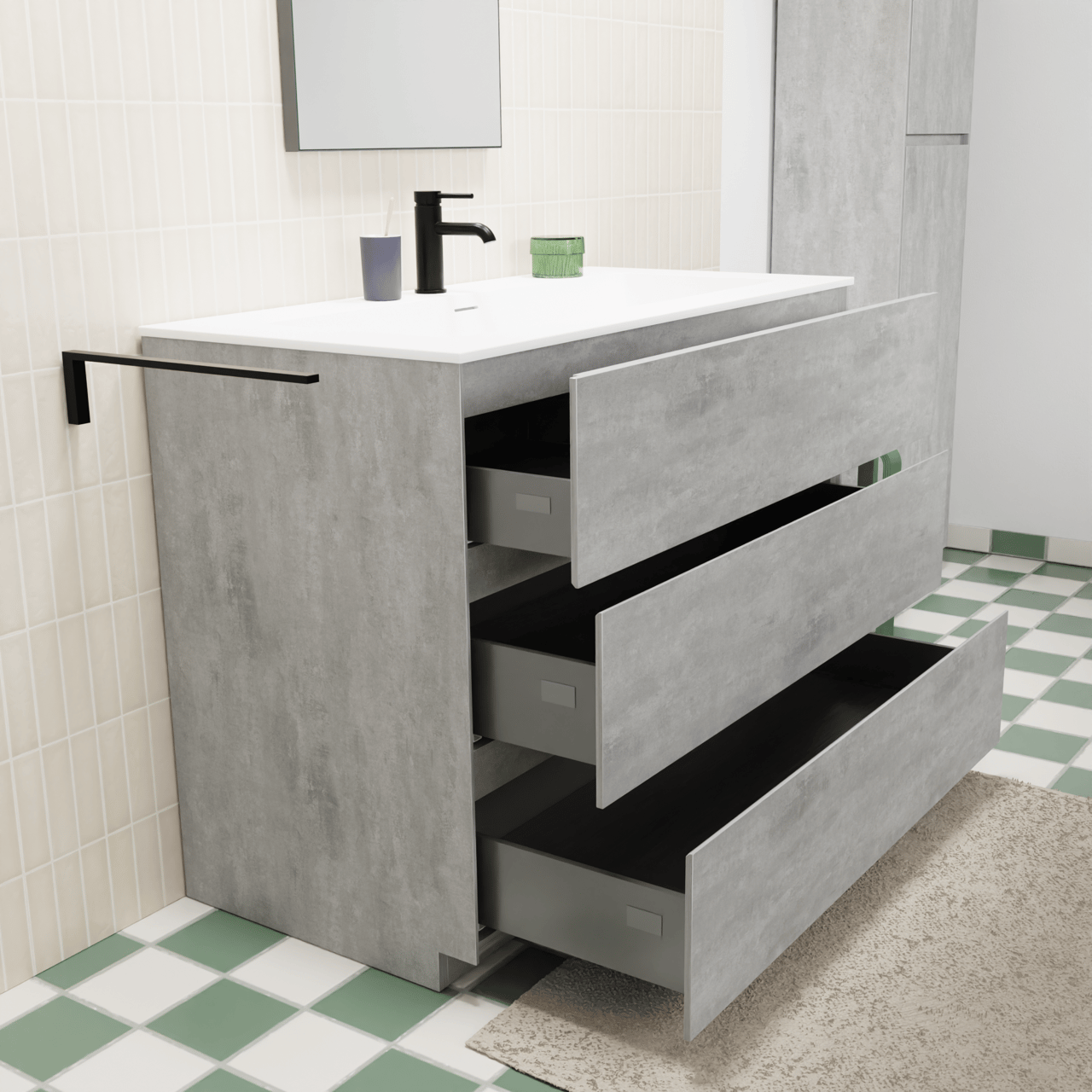 Storke Edge freistehendes Möbelstück Set: 105 x 52 cm, Beton dunkelgrau, mit Mata Einzelwaschtisch für 2 Armaturenlöcher, Solid Surface Weiß matt