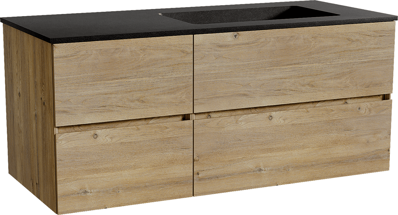 Storke Edge meuble salle de bains suspendu 120 x 52 cm chêne brut avec Scuro plan vasque asymétrique à droite en quartz noir mat