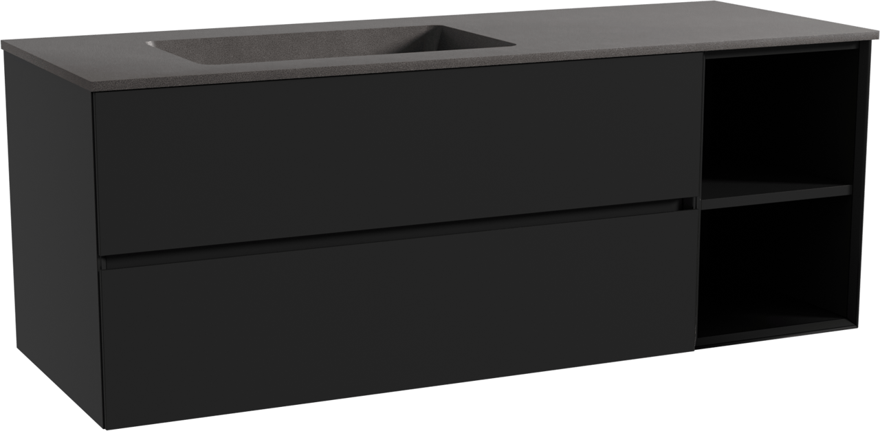 Storke Edge meuble salle de bains suspendu 140 x 52 cm noir mat avec Scuro plan vasque asymétrique à gauche en quartz noir mat
