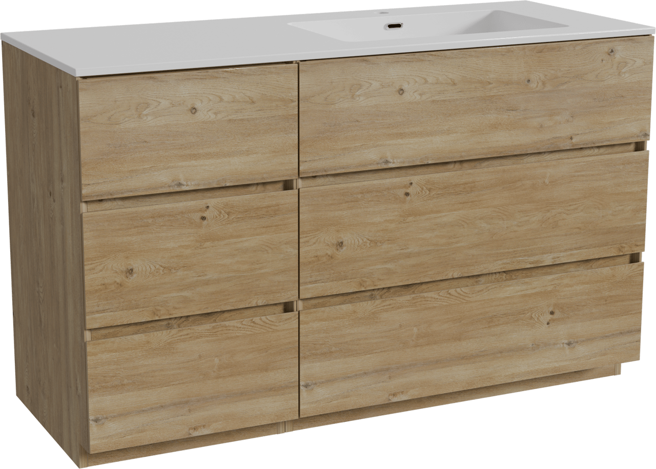 Storke Edge staand badkamermeubel 130 x 52 cm ruwe eik met Diva asymmetrisch rechtse wastafel in composietmarmer glanzend wit
