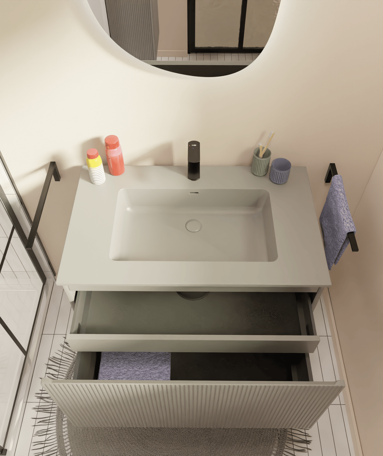 Storke Ribs meuble sous-lavabo suspendu 85 x 52 cm soie grise 2 tiroirs