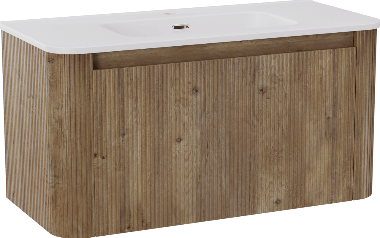 Storke Soft meuble salle de bains suspendu 100 x 46 cm chêne brut avec Kera Soft plan simple en porcelaine blanc mat, Nervure droite symétrique verticale