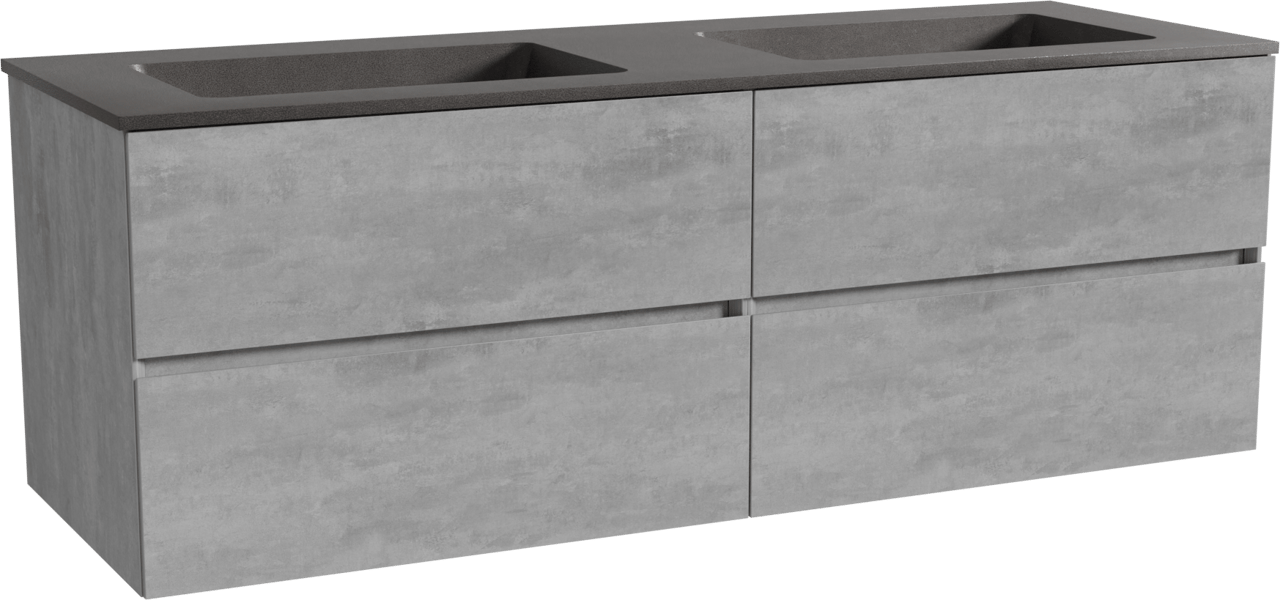 Storke Edge zwevend badkamermeubel 150 x 52 cm beton donkergrijs met Scuro dubbele wastafel in kwarts mat zwart