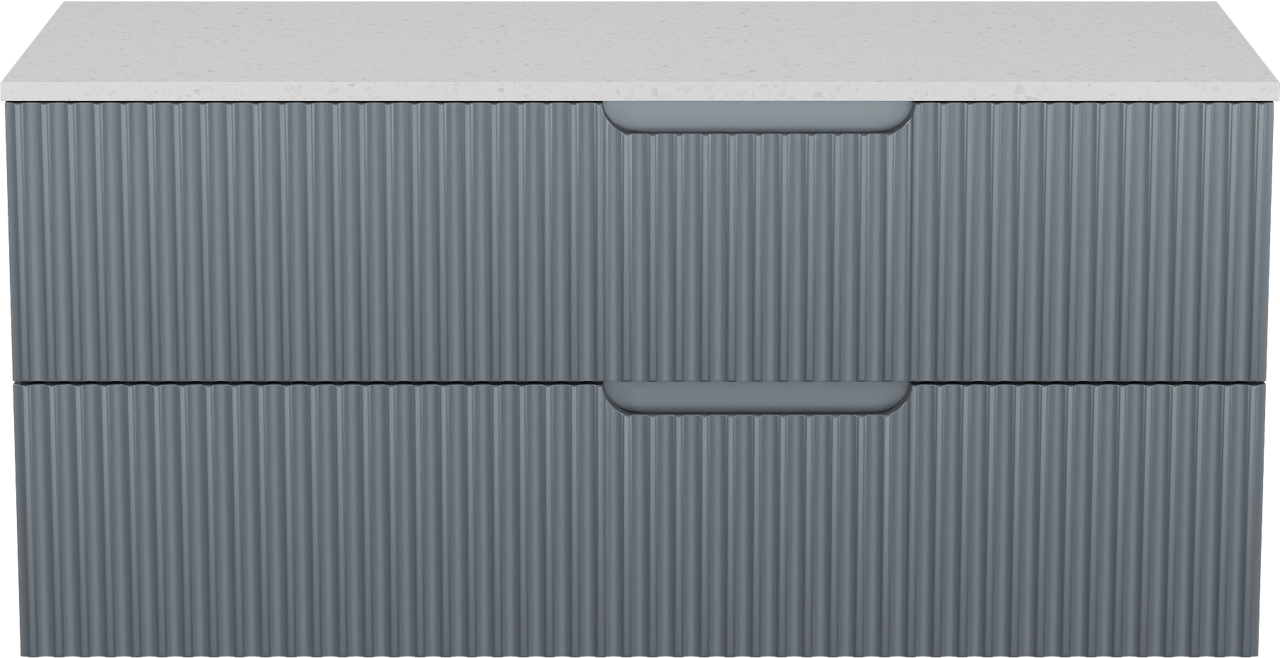 Linie Ribbo zwevend badmeubel 120 x 46 cm blauw antraciet met Lado enkel of dubbel wastafelblad in melamine terrazzo wit, Verticale symmetrische ronde ribbel