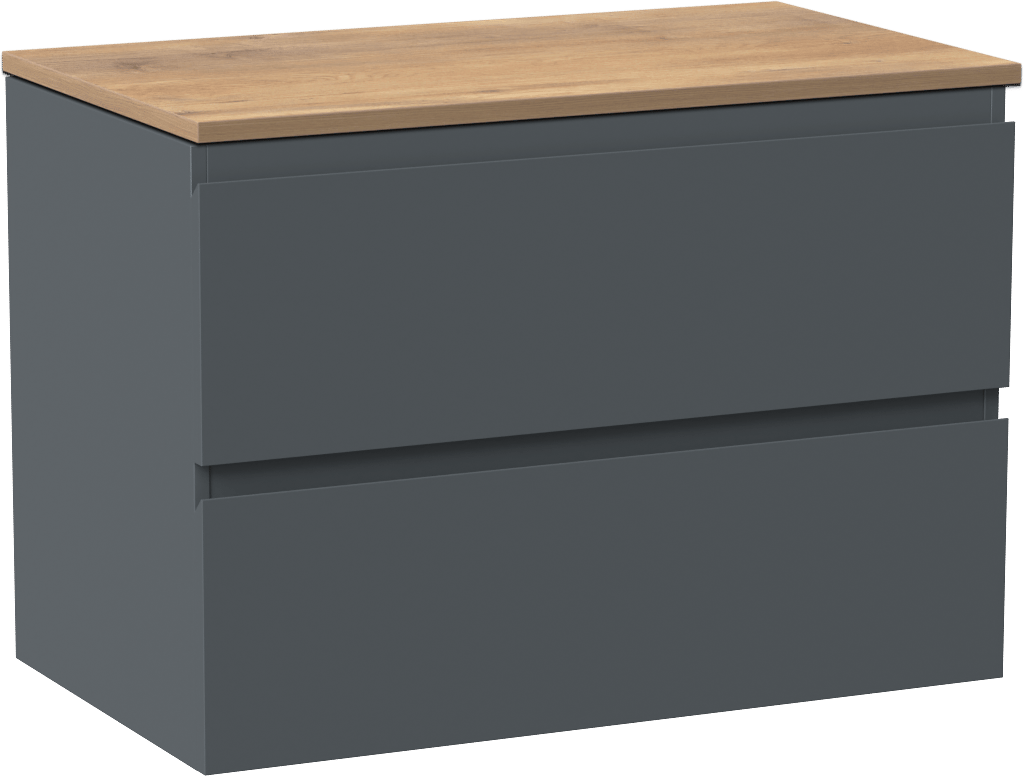Linie Lado zwevend badmeubel 80 x 46 cm blauw antraciet met Lado enkel wastafelblad in melamine naturel eiken