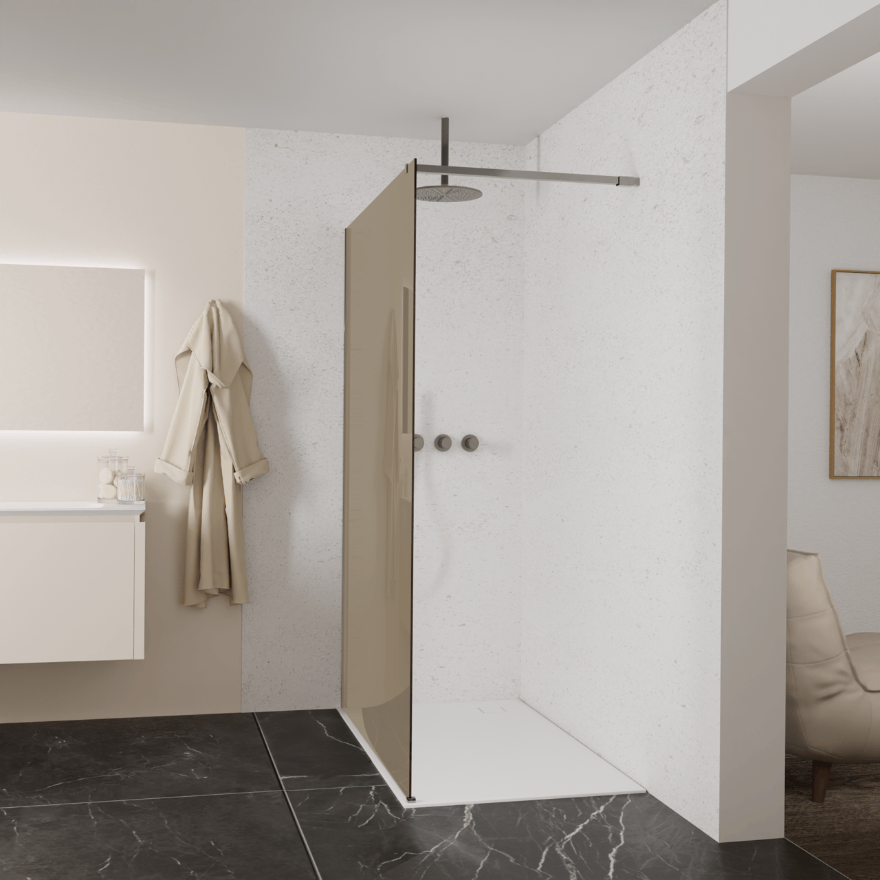 Balmani Modular douche à l'italienne: 140 x 200 cm, Verre bronze, Profil Brushed GunMetal