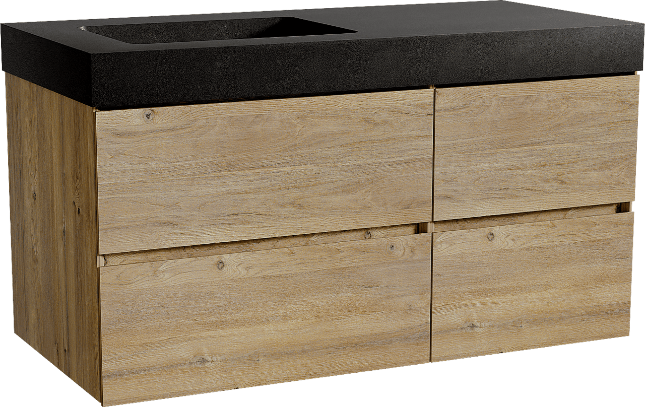 Storke Edge zwevend badmeubel 110 x 52 cm ruw eiken met Scuro High asymmetrisch linkse wastafel in kwarts mat zwart