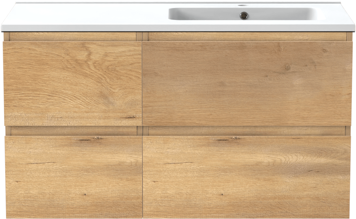 Linie Lado meuble salle de bains suspendu 100 x 46 cm chêne naturel avec Vano vasque asymétrique droite en marbre composite blanc mat