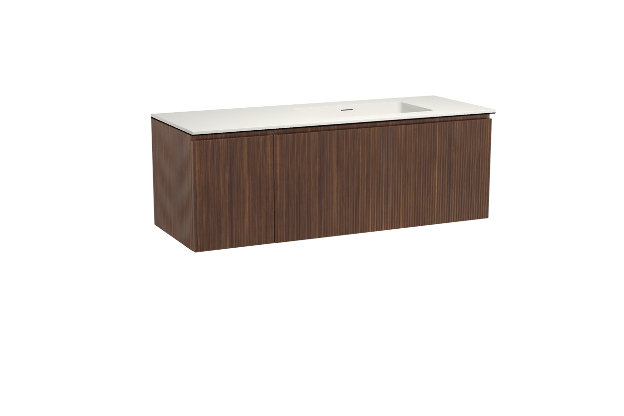Storke Ribs zwevend badmeubel 140 x 52 cm notenhout met Mata asymmetrisch rechtse wastafel in solid surface mat wit, Verticale symmetrische rechte ribbel