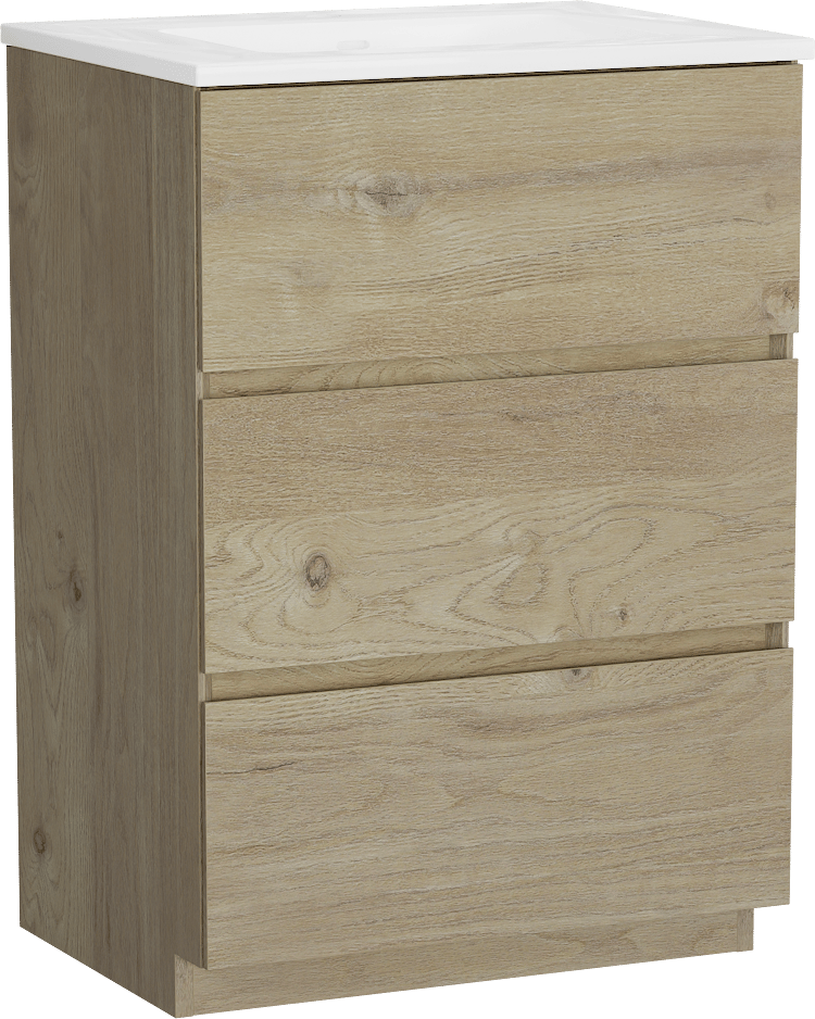 Storke Edge freistehendes Möbelstück Set: 60 x 46 cm, Rohe Eiche, mit Bilia Einzelwaschtisch, Marmorkomposit Weiß glänzend