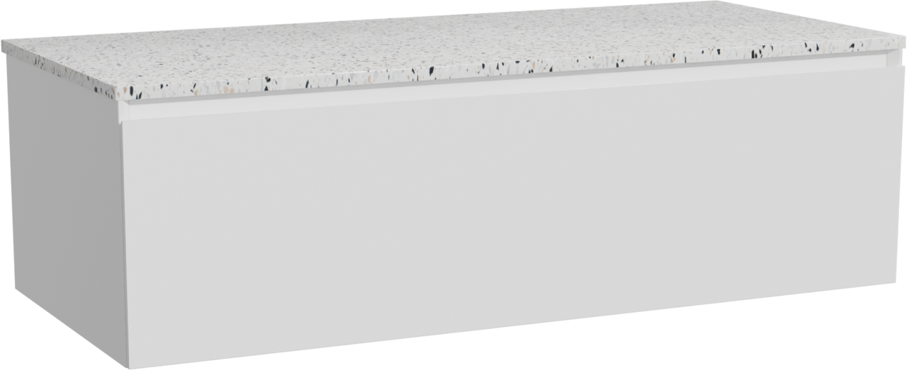Storke Edge zwevend badkamermeubel 120 x 52 cm mat wit met Tavola enkel of dubbel tablet in mat wit/zwart terrazzo