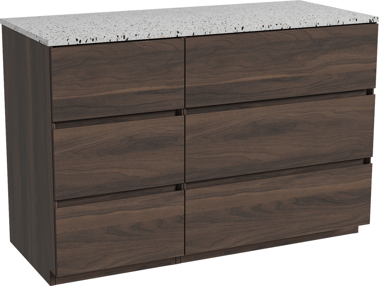 Storke Edge freistehendes Möbelstück Set: 120 x 52 cm, Nussbaum, mit Tavola Einzel- oder Doppel Waschtischplatte, Terrazzo in Weiß/Schwarz matt