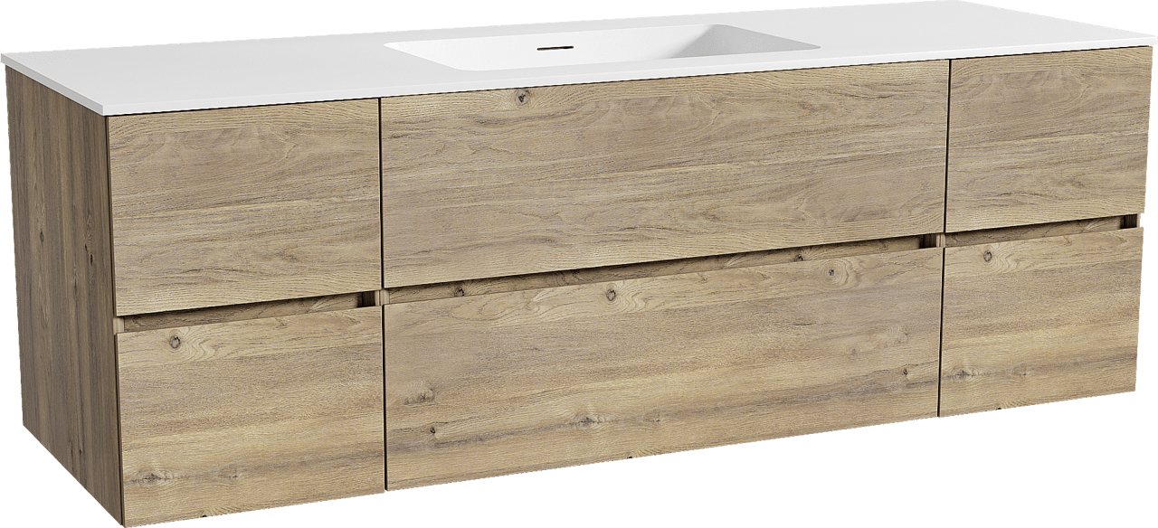 Storke Edge zwevend badkamermeubel 155 x 52 cm ruwe eik met Mata enkele wastafel in solid surface mat wit