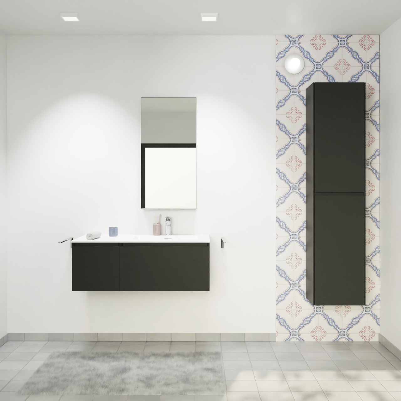 Storke Edge zwevend badmeubel 100 x 52 cm mat zwart met Mata asymmetrisch rechtse wastafel in solid surface mat wit