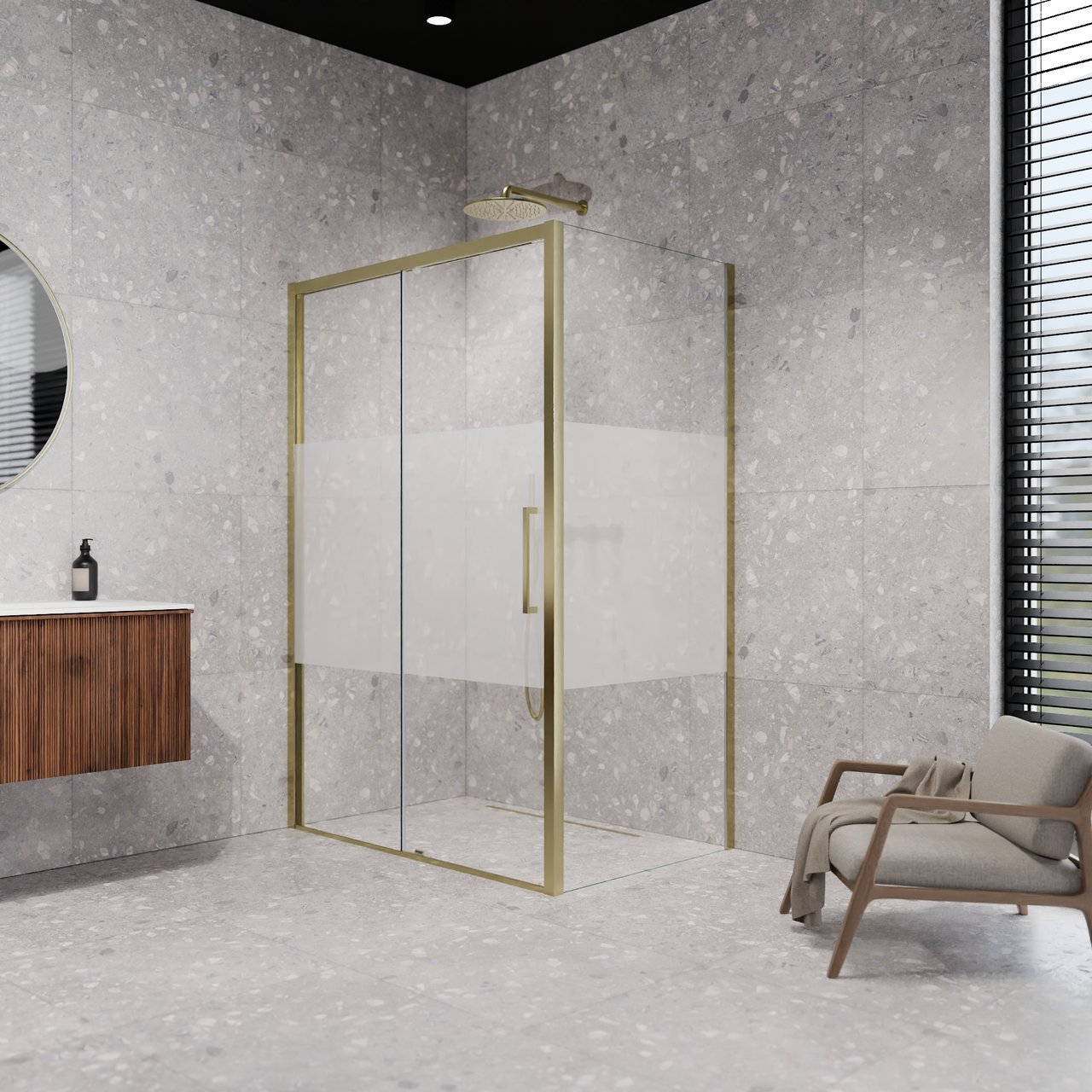 Balmani Senses Design Eckdusche: Schiebetür (Links) mit fixierte Seitenwand, 140 x 90 cm, Klarglas mit mattiertem Streifen, Profil Brushed Champagne Gold