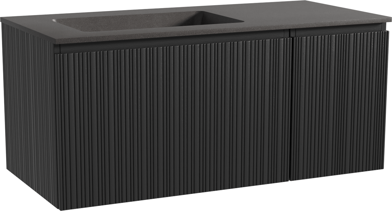 Storke Ribs zwevend badmeubel 110 x 52 cm zwart eiken met Scuro asymmetrisch linkse wastafel in kwarts mat zwart, Verticale asymmetrische rechte ribbel