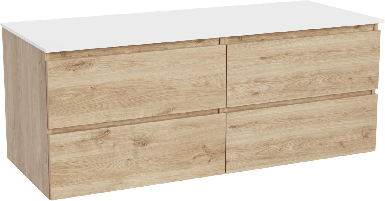 Balmani Lucida meuble salle de bains suspendu 135 x 55 cm chêne brut avec Stretto tablette simple ou double en solid surface blanc mat