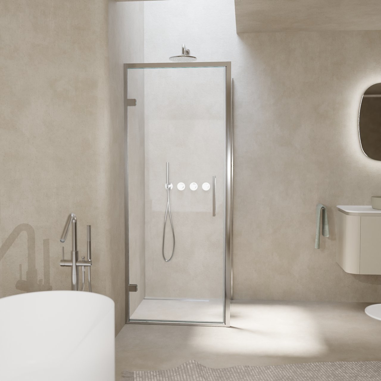 Balmani Senses Design douchehoek met linkse draaideur en vaste zijwand, 90 x 100 cm, Helder glas, Chroom profielen, met coating
