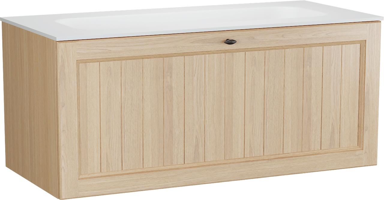 Balmani Lemon zwevend badkamermeubel 120 x 55 cm, fineer natuur eik met Tablo Arcato enkele wastafel voor 2 kraangaten in mat wit